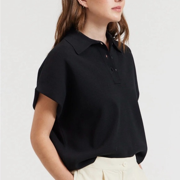 There-Elsewhere Black Collared Compact Knit Top S/M - Picture 5 of 11